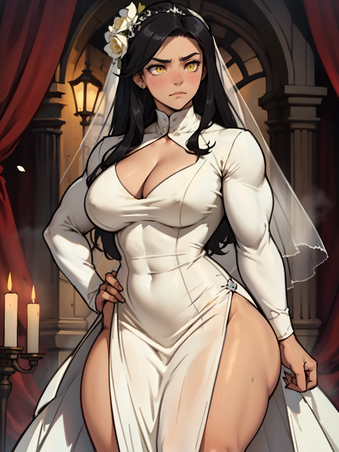 wide hips curvy thick thighs voluptuous large breasts muscular toned body bodybuilder black hair pale skin yellow eyes skintight expressionless sad sad wedding dress wedding dress wedding dress