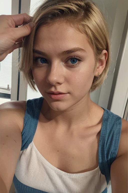 18 year old girl, short, blonde hair and blue eyes, selfie