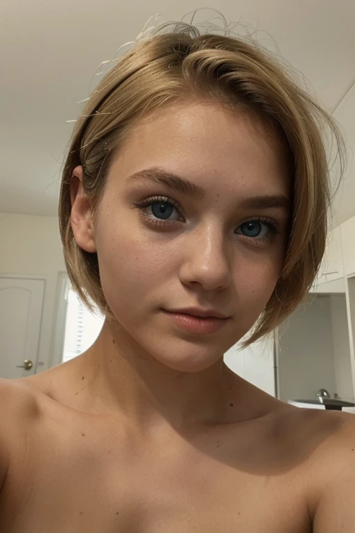 18 year old girl, short, blonde hair and blue eyes, selfie