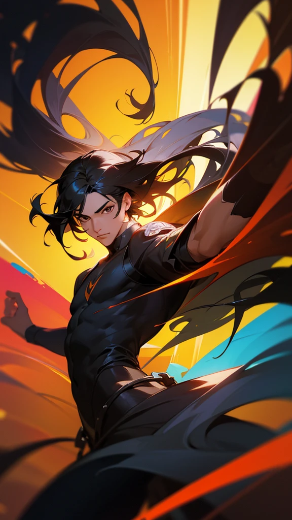 a young man with long black hair, brown eyes, detailed facial features, 1 boy, dynamic pose, cinematic lighting, vibrant colors, abstract background, digital art, 3d render, highly detailed, photorealistic, 8k, hyper realistic, masterpiece