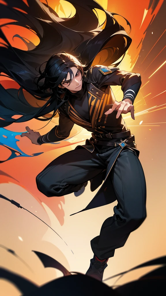 a young man with long black hair, brown eyes, detailed facial features, 1 boy, dynamic pose, cinematic lighting, vibrant colors, abstract background, digital art, 3d render, highly detailed, photorealistic, 8k, hyper realistic, masterpiece