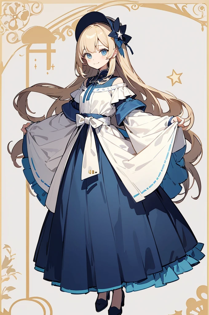(Top quality illustrations:1.2)、(girl with:1.0)、(solo:1.0)、(New design clothes:1.0)、(Long bangs:0.3)(Dress like a game character:1.0)、(The upper part of the body:1.0)、(Ultra-detail) 、hight resolution、4K:1.0)、light cream hair、Unusual fashion、Clothing of game characters、Great design、length hair、Fashionable hair ornaments、New design、A long piece of cloth sticks to the waist、Star Design、Wear a clear cloth、Smile quietly、Lots of dark blue、Dark blue clothes、White skirt、beautful view、masuter piece、1girl in