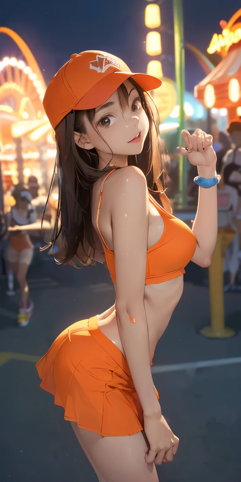 Panty exposure、Butt Emphasis、Wearing an orange baseball hat, She lifts her miniskirt to show off her panties((Highest quality))Face Real、(1. Glowing Skin.4)Extreme close-up from below(((sexy)))((masterpiece)、(1. Glowing Skin.1.4)Thigh Emphasis、((Amusement park at night、))、((()))'、((Wearing a red tank top))(Wearing a thin, Tight mini skirt、)(Wearing grey panties)Black bob hair、sexy pose、、Breast enlargement、(Various poses)