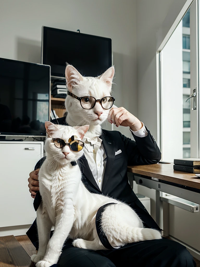 A picture of a white cat sitting at a desk, wearing black glasses and a suit, in a luxurious office
