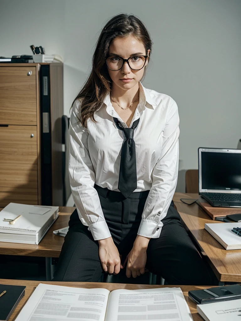 A picture of a white cat sitting at a desk, wearing black glasses and a suit, in a luxurious office