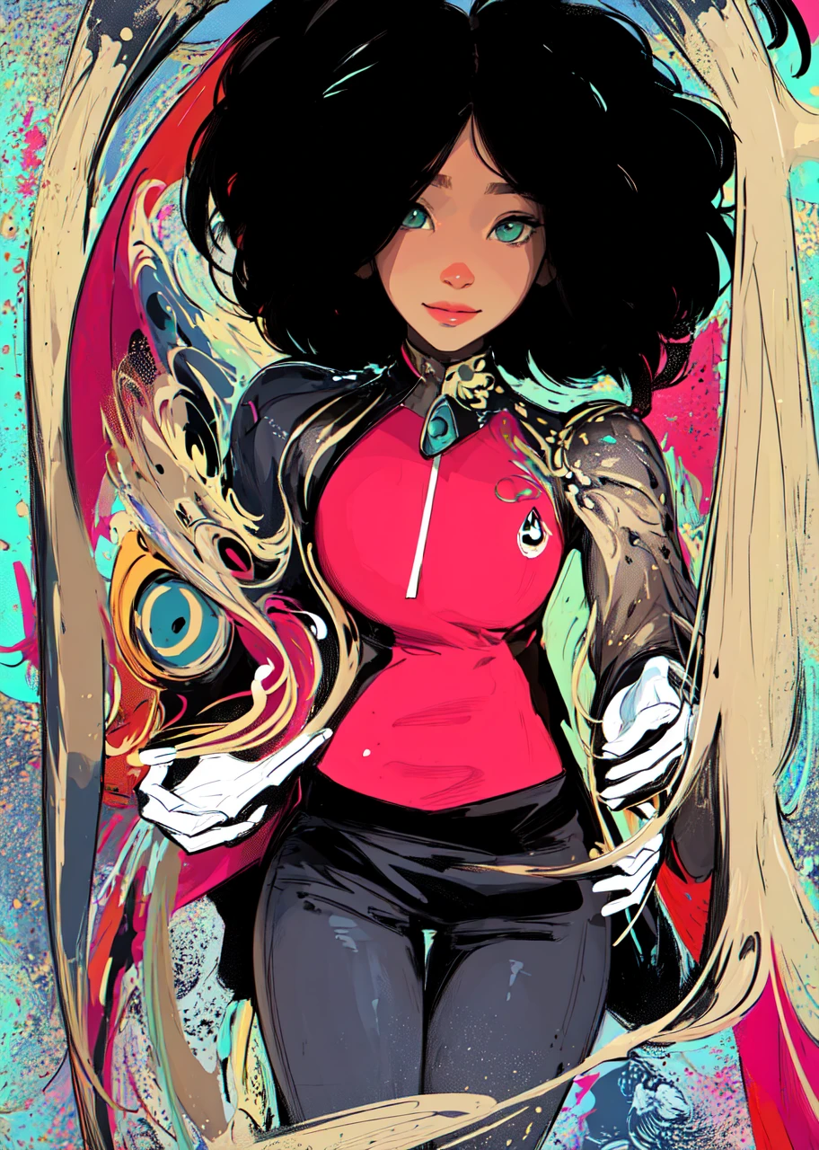 (masterpiece, best quality:1.3), (flat color:1.3),(colorful:1.3),looking at viewer,1girl,solo,floating colorful water,(2D:1.3) smirking beautiful face, Detailed face, white puffy gloves, light brown skin, black girl, water paint background, green eyes,