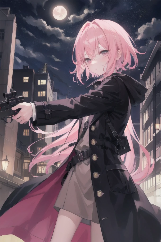 absurdres,hires,ultra detailed, a boy,pink medium hair, night, moon light, roof top, wearing a trench coat, holding a toy gun, aiming at viewer, shooting action, expressionless