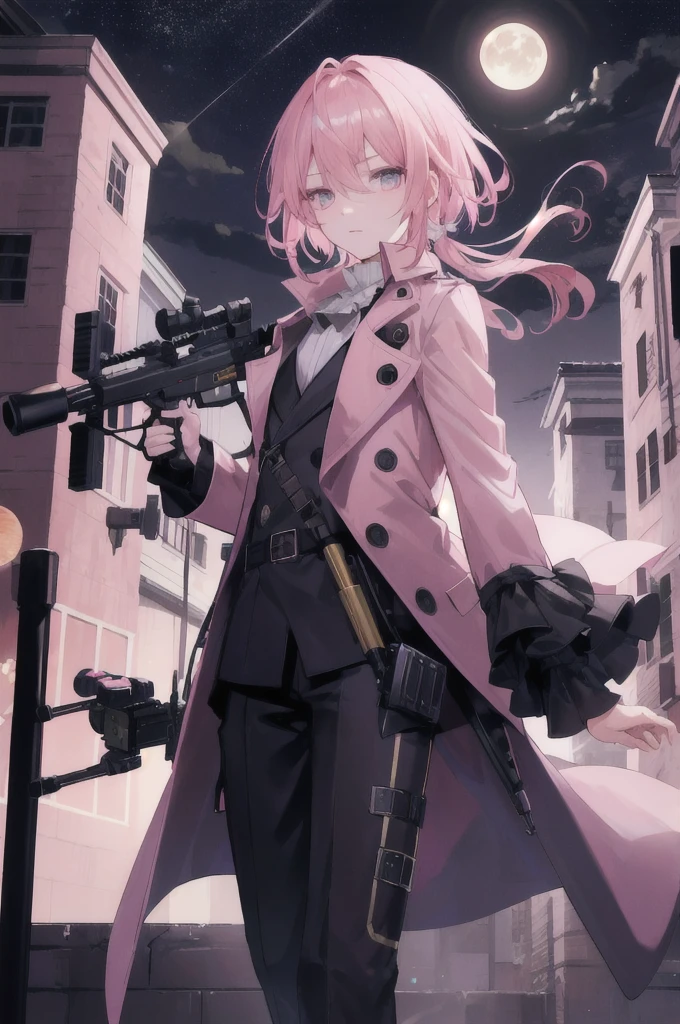 absurdres,hires,ultra detailed, a boy,pink medium hair, night, moon light, roof top, wearing a trench coat, holding a toy gun, aiming at viewer, shooting action, expressionless