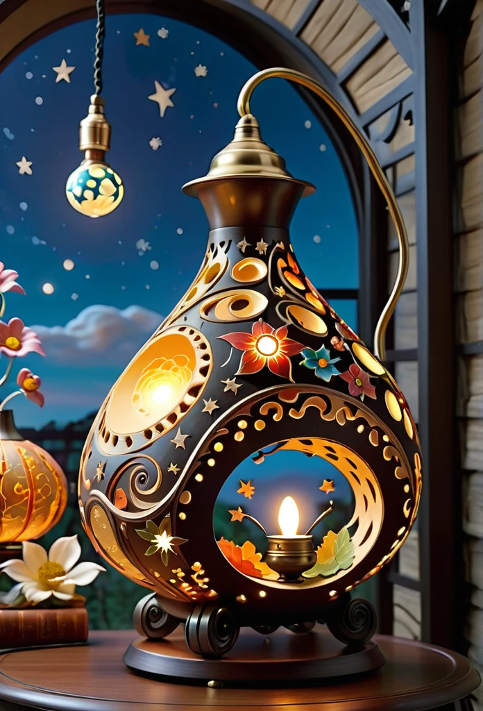 Gourd lamp. A lamp in the shape of a gourd. Delicate design. Beautiful luster. Shapes of the moon, sun, stars and are carved out. When lit, beautiful patterns emerge. Relaxing. 
steam locomotive、Paper Art、Three-dimensional, colorful、Delicate and beautiful curves,Fantastic steam locomotive、
Night sky, stars, moon, flowers,Fantasy World