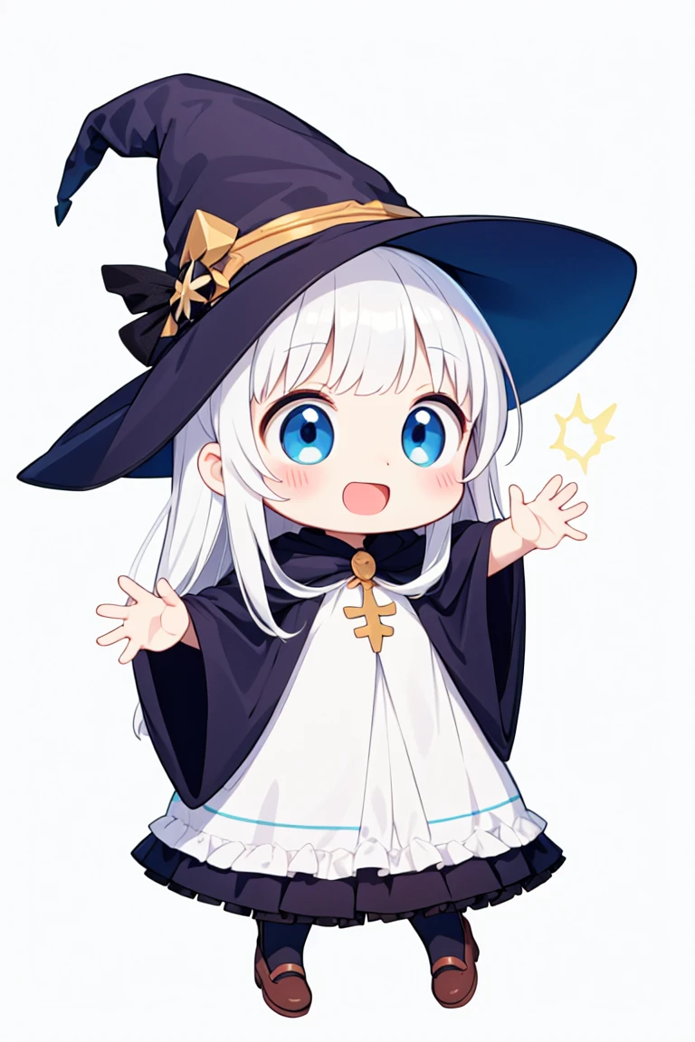 chibi, flat color, solo, full body, (five fingers), cute, (highest quality), blue eye, long hair, white hair, white wizard frilled dress, witch hat, Beam with laughter, open mouth, looks fun, ((white background)), (masterpiece)