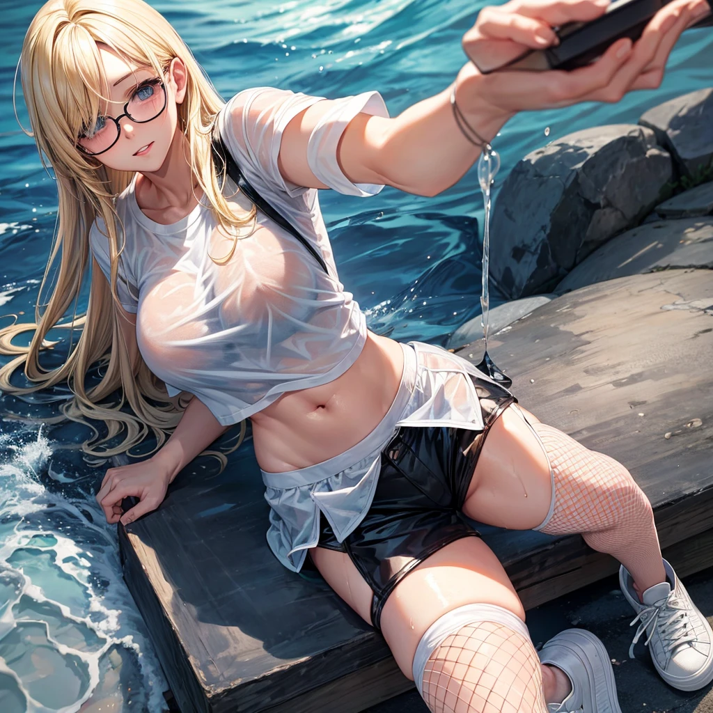 Blonde woman with breasts in a wet white T-shirt, black shorts, fishnet stockings, sneakers glasses round 