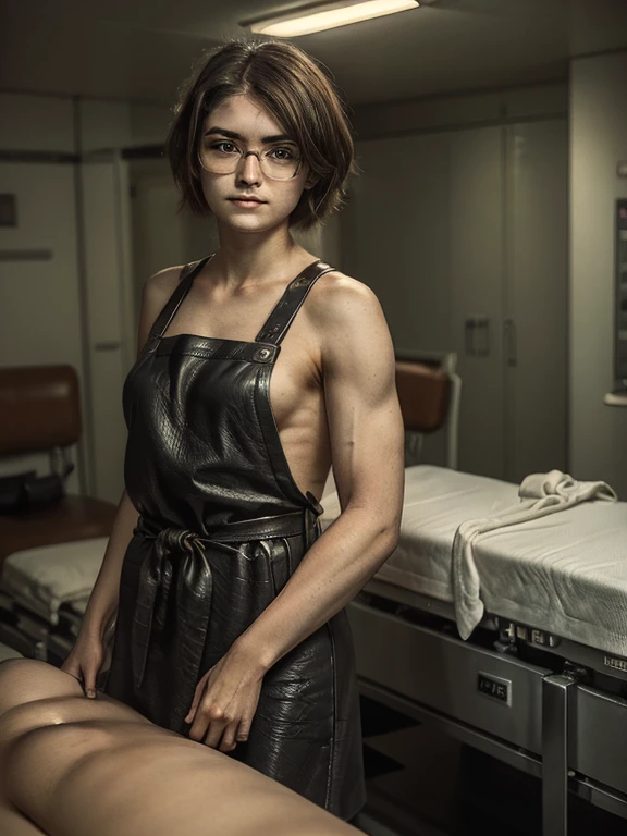 photo portrait of a young chubby Russian girl 22 years old, corneal reflections, Detailed leather texture, lump on the skin, fuzz on the skin, Fluffy hair, medium length brown tousled hair just below the shoulders (rebellious late 80s hairstyle), amber eyes, glasses with lenses in black frames, looking into the eyes of the viewer, bare leather apron, muscular arms, Graceful fingers, in a hospital room(Morgue), a dark room, depth of field, backlight
