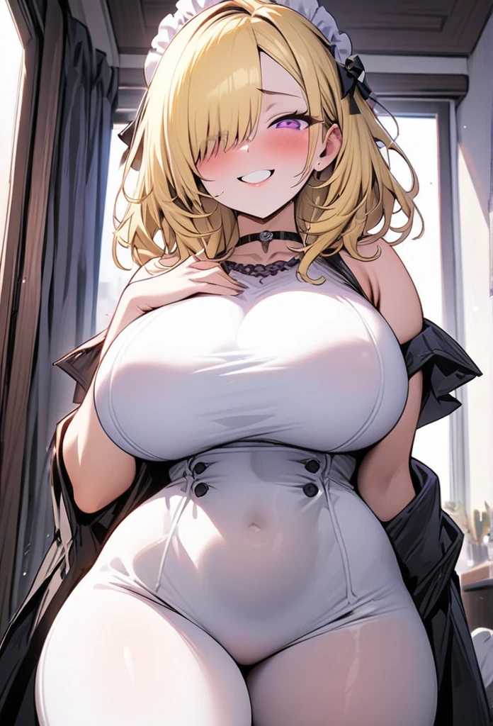 ((Best Quality)), ((Masterpiece)), (detailed), 1 girl, Pastel yellow hair, wide, hair covers one eye, purple eyes, tight, big breasts, big thighs, expression smiling shy, at home, mrs clous cosplay, low expectation