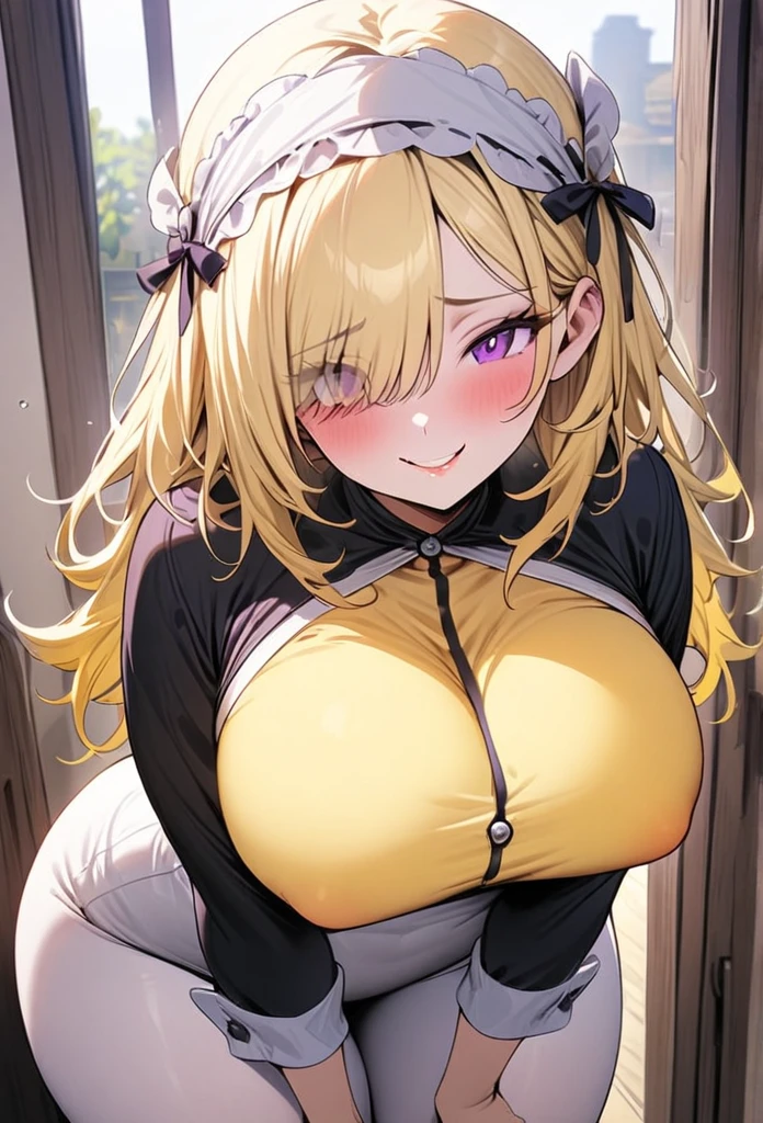 ((Best Quality)), ((Masterpiece)), (detailed), 1 girl, Pastel yellow hair, wide, hair covers one eye, purple eyes, tight, big breasts, big thighs, expression smiling shy, at home, mrs clous cosplay, low expectation