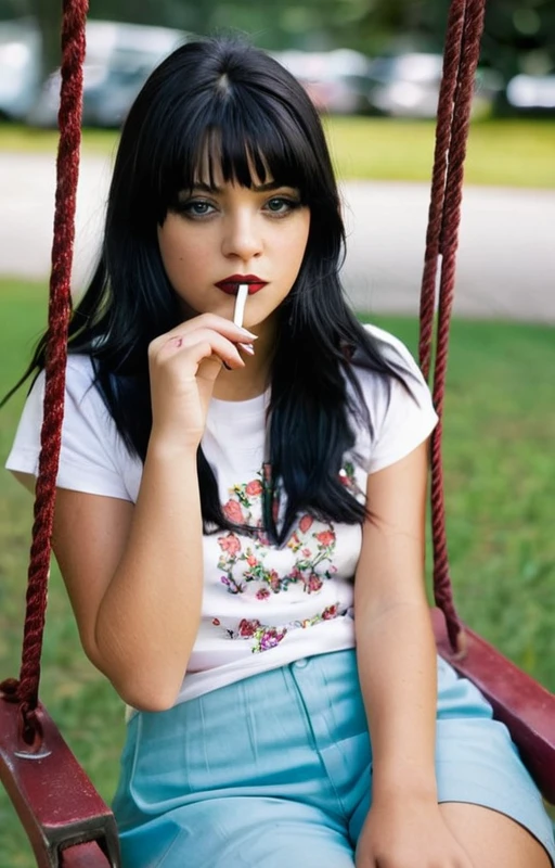 A 16 year old girl with black hair with red highlights, sitting on a swing, smoking a cigarette