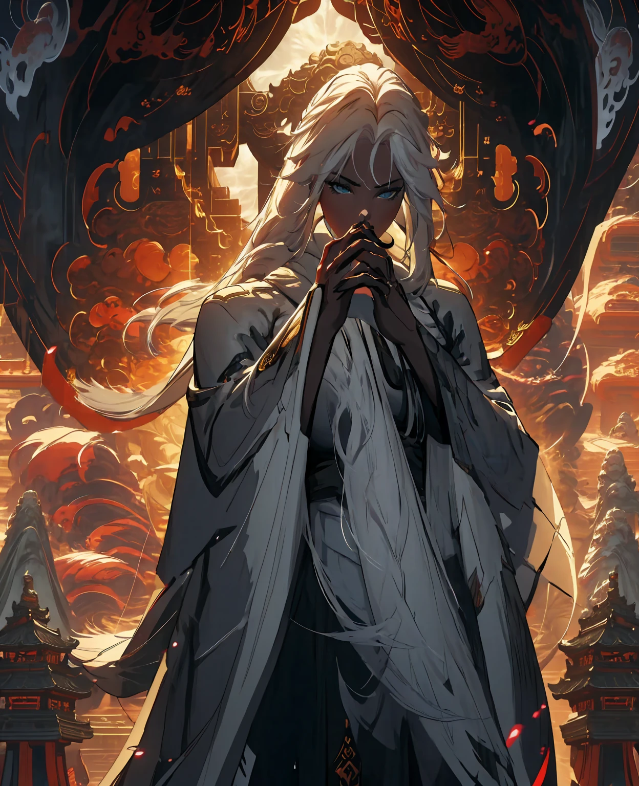 a close up of a woman with a white hair and a black scarf, a character portrait by Yang J, pixiv contest winner, fantasy art, white haired deity, beautiful character painting, artwork in the style of guweiz, the piercing stare of yuki onna, guweiz, with white long hair, with long white hair, flowing hair and long robes