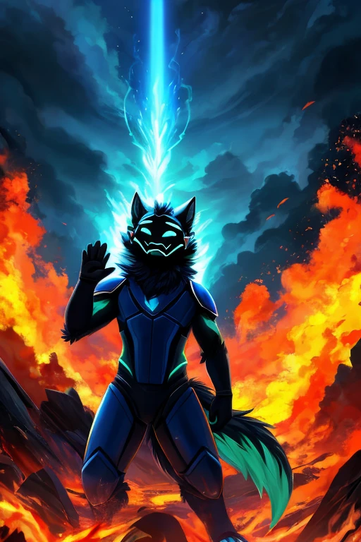 The protogen, named Azure, stood in stark contrast to the chaos unfolding behind him. His light blue fur, meticulously detailed with darker streaks and swirls, shimmered in the afternoon sun. His large, expressive eyes, a vibrant emerald green, held a playful twinkle, completely unfazed by the fiery spectacle behind him. A wide, friendly grin stretched across his muzzle, revealing a set of pearly white teeth. He raised a paw in a cheerful wave, his other hand resting casually on his hip.

Azure's calm demeanor was a stark counterpoint to the explosive drama behind him. A military helicopter, its once sleek metallic body now twisted and mangled, was engulfed in a raging inferno. Flames, a vibrant tapestry of orange, red, and yellow, licked hungrily at the wreckage, sending plumes of thick black smoke billowing into the azure sky. The explosion, a violent burst of energy, had ripped the helicopter apart, scattering debris across the landscape.

The juxtaposition was jarring, almost surreal. Azure, a picture of serenity and cheer, stood amidst the fiery chaos, his light blue fur a beacon of tranquility against the backdrop of destruction. The swirling smoke, tinged with the orange glow of the flames, seemed to dance around him, unable to touch his peaceful aura.

The scene was a study in contrasts: the calm and the chaotic, the serene and the destructive, the playful and the perilous. It was a testament to Azure's unwavering optimism, his ability to find joy even in the face of adversity. He seemed to embody the idea that even amidst the darkest storms, a spark of light can always be found.