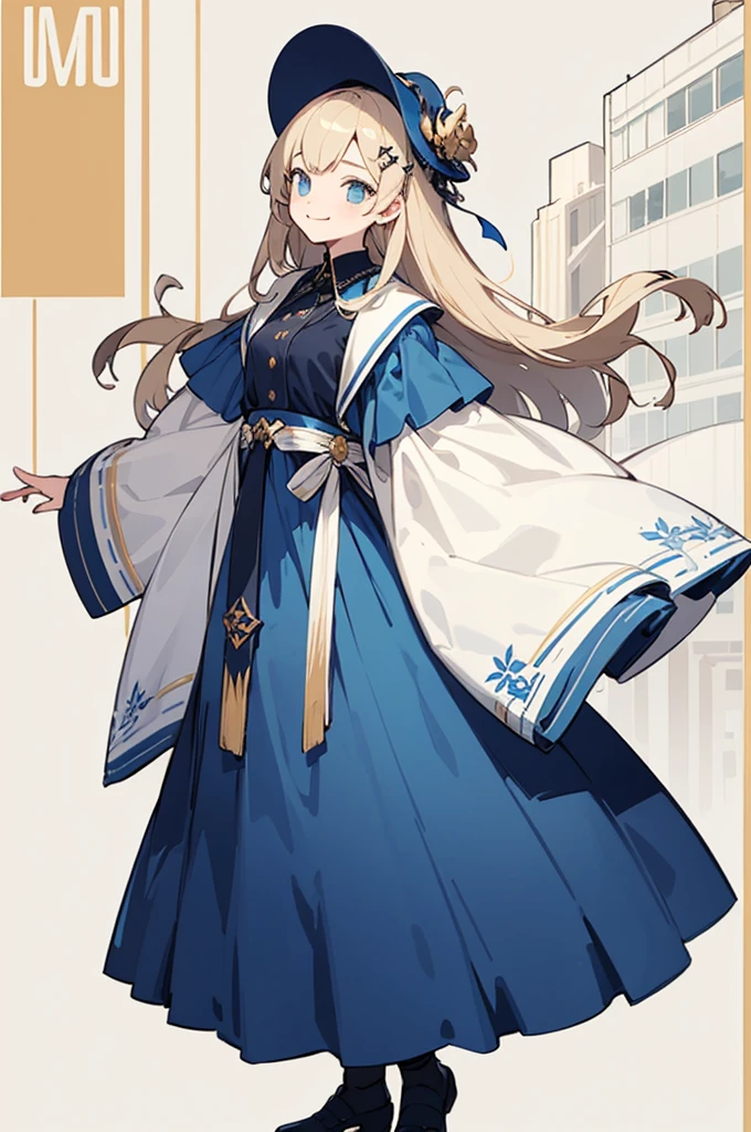 (Top quality illustrations:1.2)、(girl with:1.0)、(solo:1.0)、(New design clothes:1.0)、(Long bangs:0.3)(Dress like a game character:1.0)、(The upper part of the body:1.0)、(Ultra-detail) 、hight resolution、4K:1.0)、light cream hair、Unusual fashion、Clothing of game characters、Great design、length hair、Fashionable hair ornaments、New design、A long piece of cloth sticks to the waist、Star Design、Wear a clear cloth、Smile quietly、Lots of dark blue、Dark blue clothes、White skirt、beautful view、masuter piece、1girl in,((city background)),