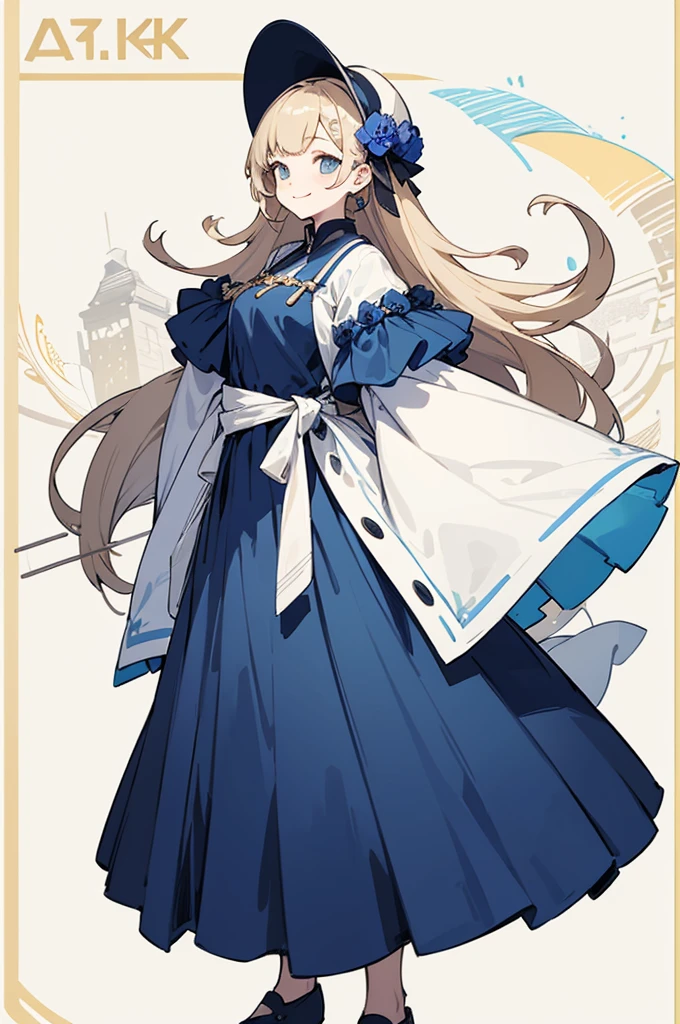 (Top quality illustrations:1.2)、(girl with:1.0)、(solo:1.0)、(New design clothes:1.0)、(Long bangs:0.3)(Dress like a game character:1.0)、(The upper part of the body:1.0)、(Ultra-detail) 、hight resolution、4K:1.0)、light cream hair、Unusual fashion、Clothing of game characters、Great design、length hair、Fashionable hair ornaments、New design、A long piece of cloth sticks to the waist、Star Design、Wear a clear cloth、Smile quietly、Lots of dark blue、Dark blue clothes、White skirt、beautful view、masuter piece、1girl in,((city background)),