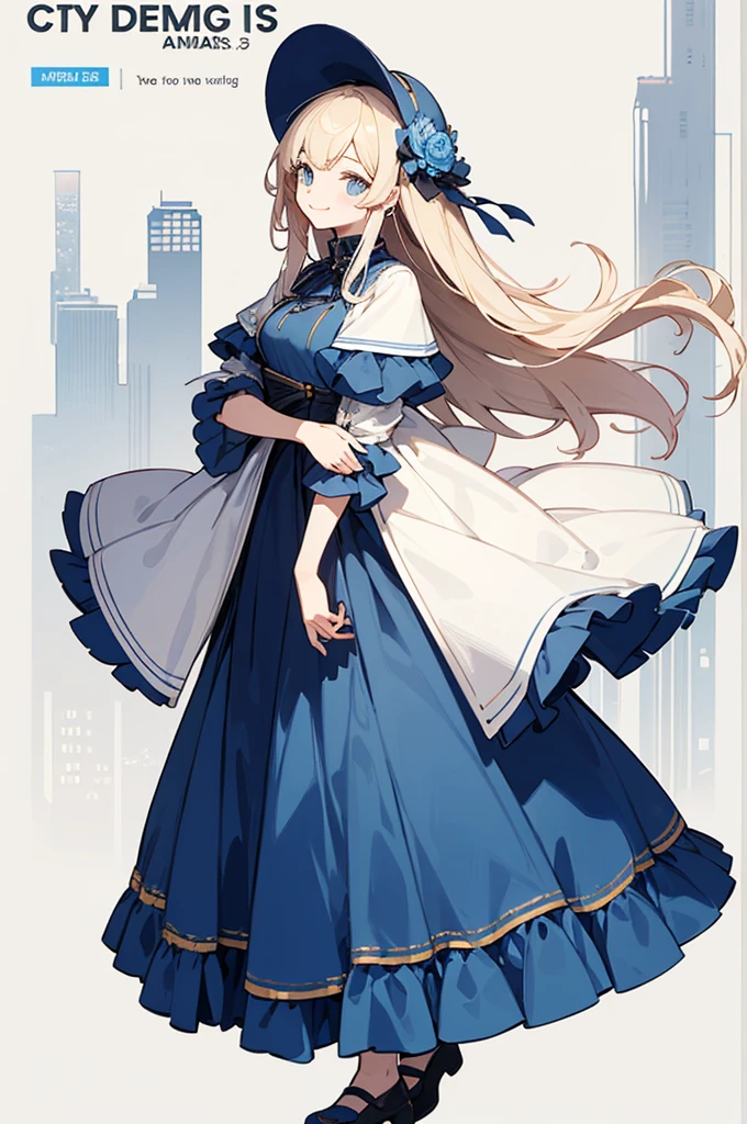 (Top quality illustrations:1.2)、(girl with:1.0)、(solo:1.0)、(New design clothes:1.0)、(Long bangs:0.3)(Dress like a game character:1.0)、(The upper part of the body:1.0)、(Ultra-detail) 、hight resolution、4K:1.0)、light cream hair、Unusual fashion、Clothing of game characters、Great design、length hair、Fashionable hair ornaments、New design、A long piece of cloth sticks to the waist、Star Design、Wear a clear cloth、Smile quietly、Lots of dark blue、Dark blue clothes、White skirt、beautful view、masuter piece、1girl in,((city background)),