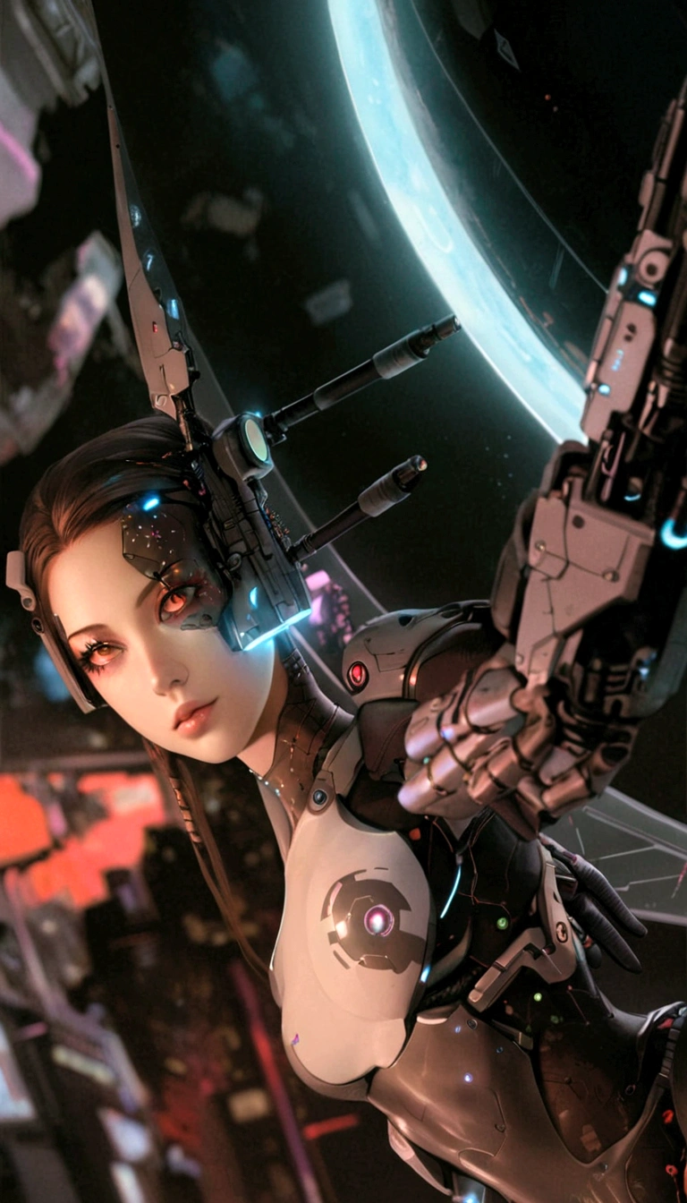 There is a woman with a gun in a futuristic setting., Hyperrealistic cyberpunk style, chica cyborg, Cyborg - girl, Beautiful digital artwork, Ultra-realistic 8K cyberpunk art, digital cyberpunk - anime art, beautiful cyborg girl, porcelain cyborg, rossdraws digital painting, cyberpunk anime digital art, Realistic 8k digital art., anime ciberpunk, perfect anime cyborg woman