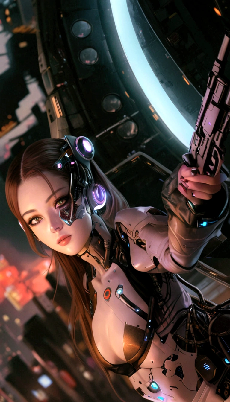 There is a woman with a gun in a futuristic setting., Hyperrealistic cyberpunk style, chica cyborg, Cyborg - girl, Beautiful digital artwork, Ultra-realistic 8K cyberpunk art, digital cyberpunk - anime art, beautiful cyborg girl, porcelain cyborg, rossdraws digital painting, cyberpunk anime digital art, Realistic 8k digital art., anime ciberpunk, perfect anime cyborg woman