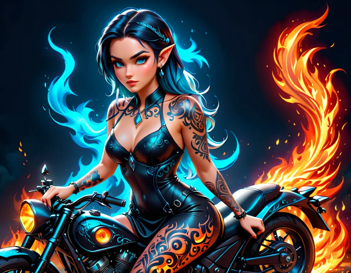 Arafed, Dark fantasy art, fantasy art, goth art, a picture of a of a tattooed female elf near her ((motorcycle: 1.5)) ((masterwork, best detailed, ultra detail: 1.5)) the tattoo is vivid, intricate detailed coming to life from the ink to real life, GlowingRunesAI_paleblue, ((fire surrounds the motorcycle: 1.5)), ultra feminine, ((beautiful delicate face)), Ultra Detailed Face, small pointed ears, dynamic angle, ((the back is visible: 1.3), she wears a transparent black dress, the dress is elegant, flowing, elven style, that the tattoos glow, dynamic hair color, dynamic hair style, high details, best quality, 16k, [ultra detailed], masterpiece, best quality, (extremely detailed), dynamic angle, full body shot, faize, drkfntasy, Digital Painting, Intense gaze