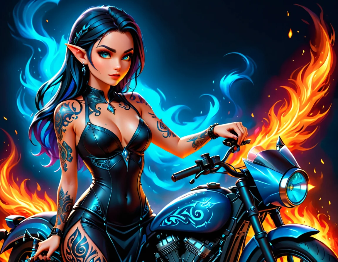 Arafed, Dark fantasy art, fantasy art, goth art, a picture of a of a tattooed female elf near her ((motorcycle: 1.5)) ((masterwork, best detailed, ultra detail: 1.5)) the tattoo is vivid, intricate detailed coming to life from the ink to real life, GlowingRunesAI_paleblue, ((fire surrounds the motorcycle: 1.5)), ultra feminine, ((beautiful delicate face)), Ultra Detailed Face, small pointed ears, dynamic angle, ((the back is visible: 1.3), she wears a transparent black dress, the dress is elegant, flowing, elven style, that the tattoos glow, dynamic hair color, dynamic hair style, high details, best quality, 16k, [ultra detailed], masterpiece, best quality, (extremely detailed), dynamic angle, full body shot, faize, drkfntasy, Digital Painting, Intense gaze