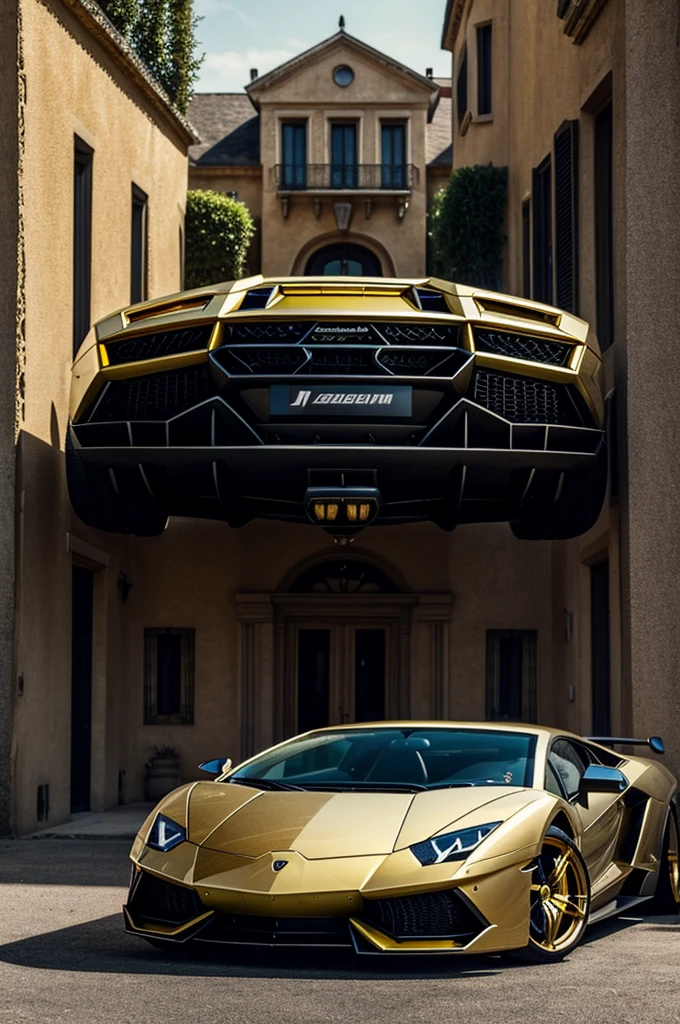Excellent quality close-up of a beautiful and enviable mansion and a Lamborghini parked in front of it, completely in gold with chrome wheels and low suspension and above the engine hood a hip hop style graffiti in RGB colors and black shadow the word JAITECH 