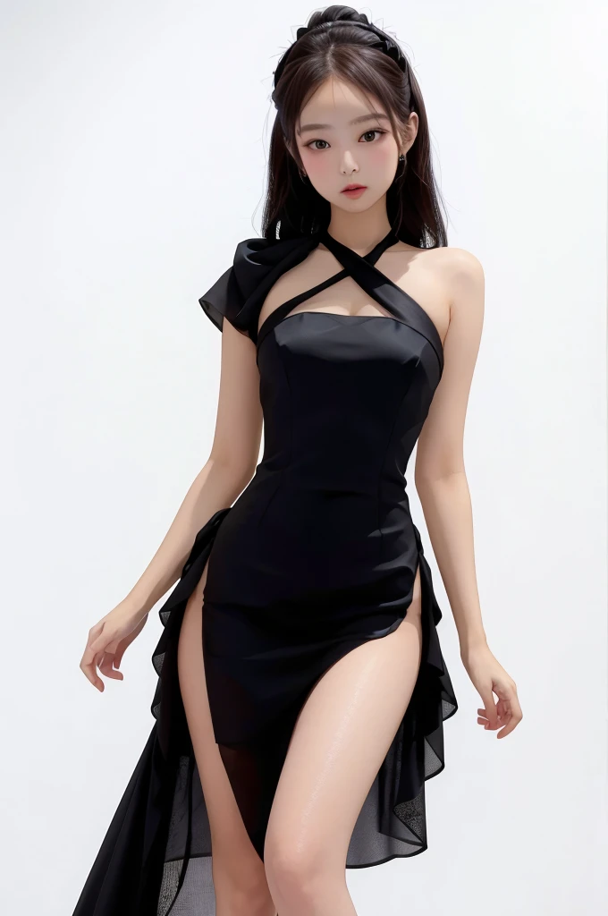 (masterpiece), best quality, perfect face, 1girl, black formal dress, white background,