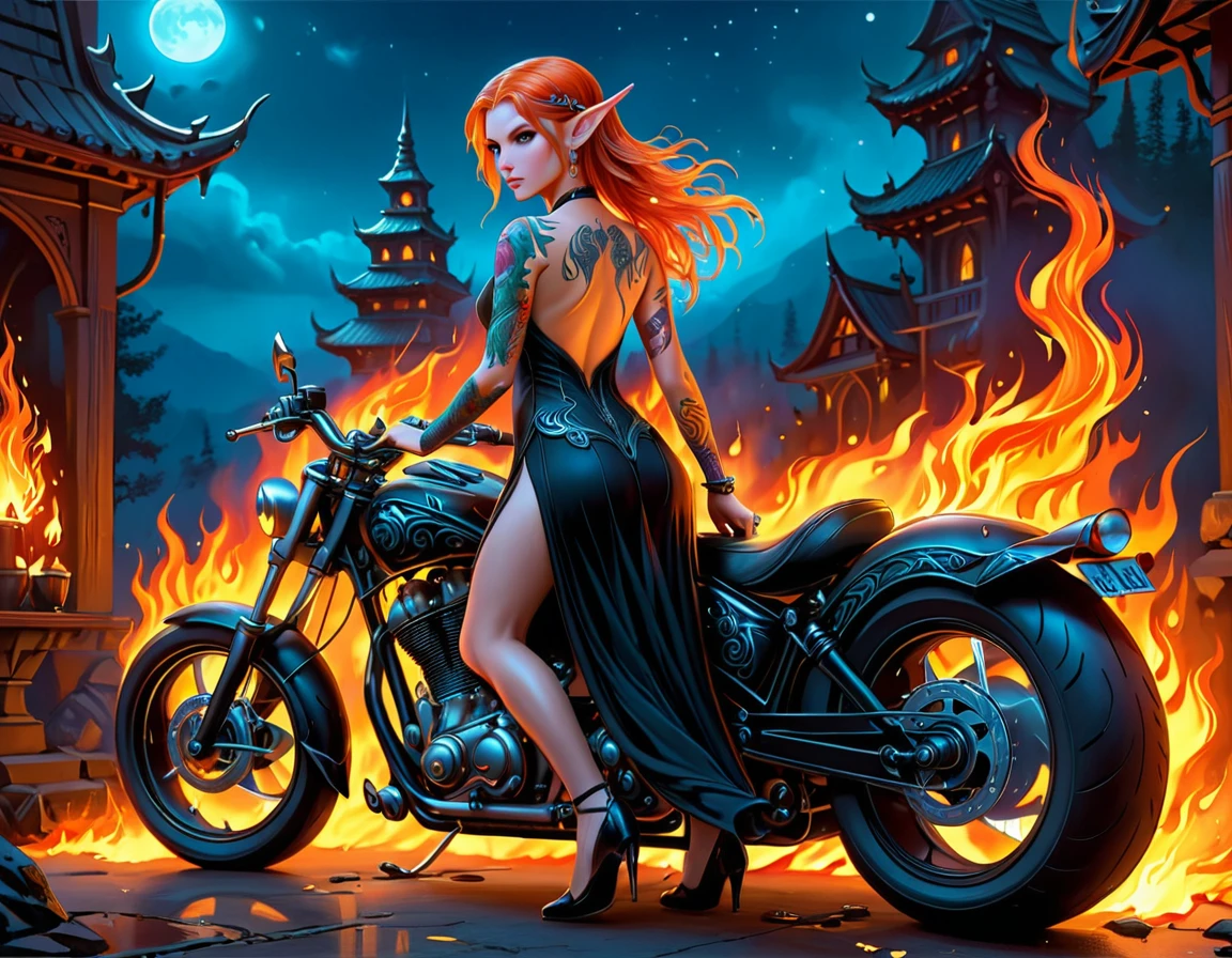 Arafed, Dark fantasy art, fantasy art, goth art, a picture of a of a tattooed female elf near her ((motorcycle: 1.5)) ((masterwork, best detailed, ultra detail: 1.5)) the tattoo is vivid, intricate detailed coming to life from the ink to real life, GlowingRunesAI_paleblue, ((fire surrounds the motorcycle: 1.5)), ultra feminine, ((beautiful delicate face)), Ultra Detailed Face, small pointed ears, dynamic angle, ((the back is visible: 1.3), she wears a transparent black dress, the dress is elegant, flowing, elven style, that the tattoos glow, dynamic hair color, dynamic hair style, high details, best quality, 16k, [ultra detailed], masterpiece, best quality, (extremely detailed), dynamic angle, full body shot, faize, drkfntasy, Digital Painting, Intense gaze