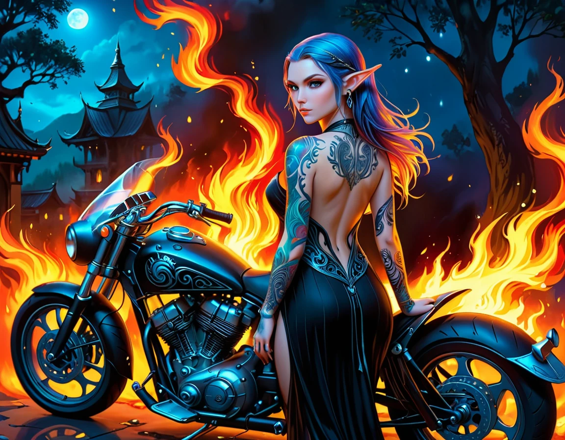 Arafed, Dark fantasy art, fantasy art, goth art, a picture of a of a tattooed female elf near her ((motorcycle: 1.5)) ((masterwork, best detailed, ultra detail: 1.5)) the tattoo is vivid, intricate detailed coming to life from the ink to real life, GlowingRunesAI_paleblue, ((fire surrounds the motorcycle: 1.5)), ultra feminine, ((beautiful delicate face)), Ultra Detailed Face, small pointed ears, dynamic angle, ((the back is visible: 1.3), she wears a transparent black dress, the dress is elegant, flowing, elven style, that the tattoos glow, dynamic hair color, dynamic hair style, high details, best quality, 16k, [ultra detailed], masterpiece, best quality, (extremely detailed), dynamic angle, full body shot, faize, drkfntasy, Digital Painting, Intense gaze