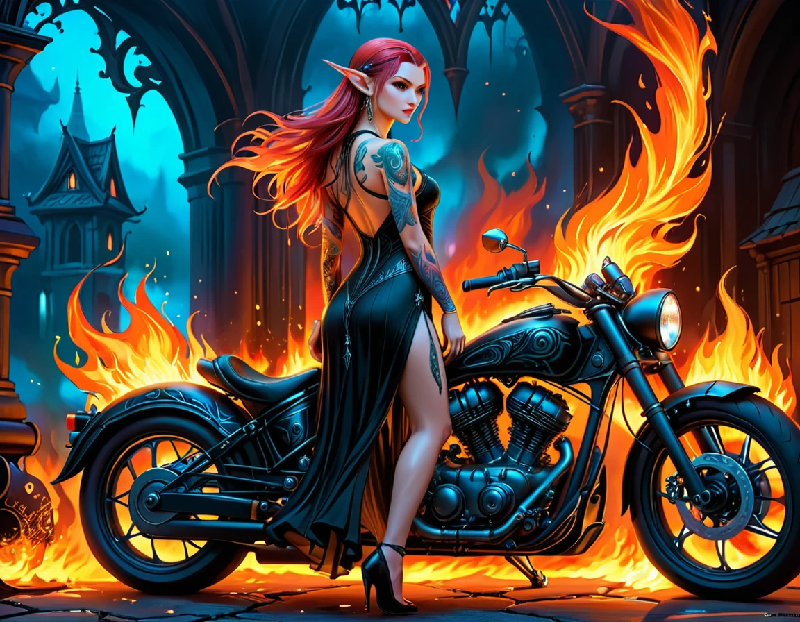 Arafed, Dark fantasy art, fantasy art, goth art, a picture of a of a tattooed female elf near her ((motorcycle: 1.5)) ((masterwork, best detailed, ultra detail: 1.5)) the tattoo is vivid, intricate detailed coming to life from the ink to real life, GlowingRunesAI_paleblue, ((fire surrounds the motorcycle: 1.5)), ultra feminine, ((beautiful delicate face)), Ultra Detailed Face, small pointed ears, dynamic angle, ((the back is visible: 1.3), she wears a transparent black dress, the dress is elegant, flowing, elven style, that the tattoos glow, dynamic hair color, dynamic hair style, high details, best quality, 16k, [ultra detailed], masterpiece, best quality, (extremely detailed), dynamic angle, full body shot, faize, drkfntasy, Digital Painting, Intense gaze