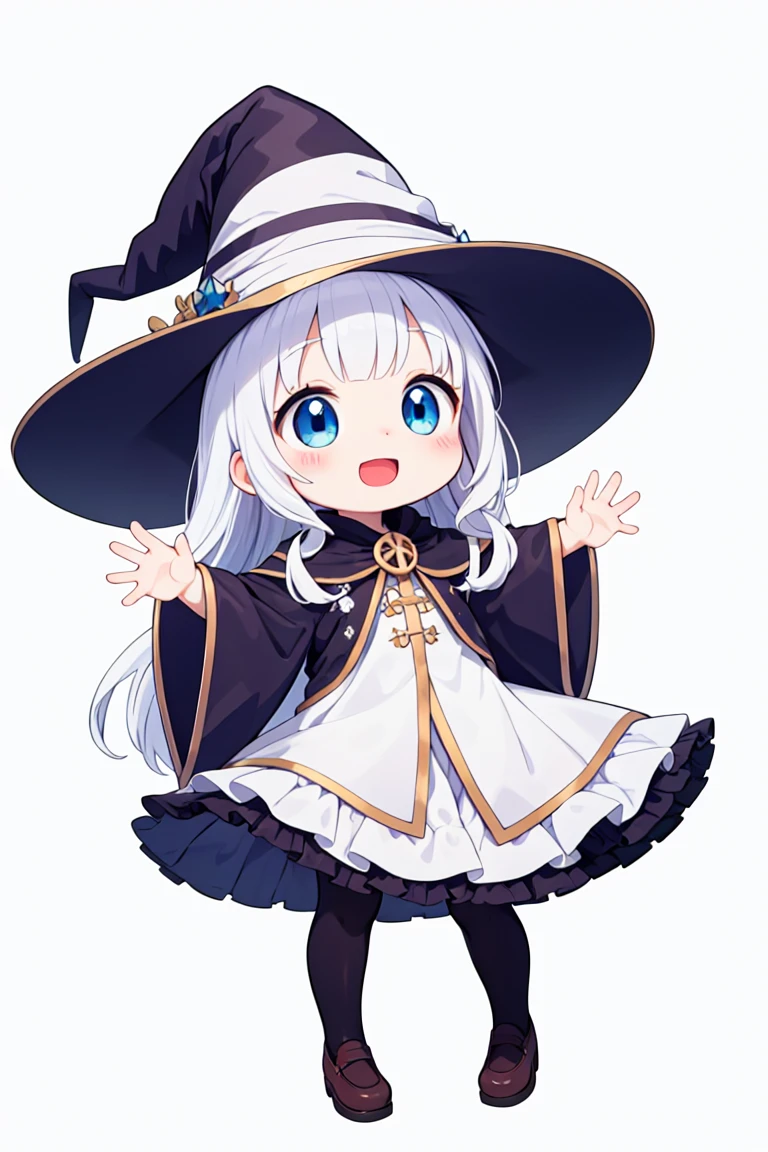 chibi, flat color, solo, full body, (five fingers), cute, (highest quality), blue eye, long hair, white hair, wavy hair, white wizard frilled dress, witch hat, Beam with laughter, open mouth, looks fun, ((white background)), (masterpiece)