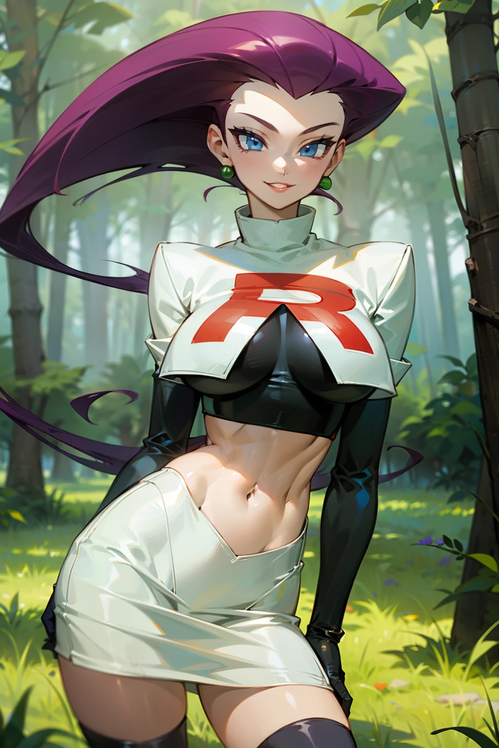 (Masterpiece), Best Quality, ultra-detailed, 1girl (jessie pokemon,Slender and sexy body, Big and pretty breasts, hair slicked back, long hair,purple hair,blue eyes ), wicked smile, parted lips, facing viewer, looking at viewer, solo, 
team rocket ,team rocket uniform ,white skirt,crop top,thighhighs,elbow gloves, in the forest, standing, Sexy waist teasing 