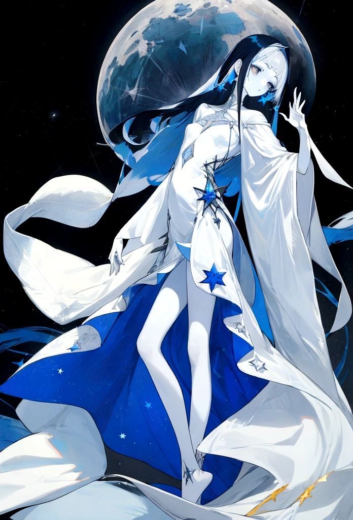 full-length, tall girl, solid white skin, black and blue hair with stars, white and gray dress, bare leg, peaceful look