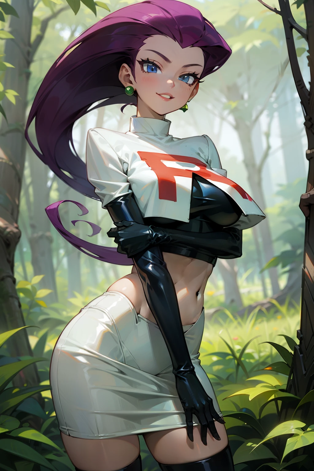 (Masterpiece), Best Quality, ultra-detailed, 1girl (jessie pokemon, Big and pretty breasts, hair slicked back, long hair,purple hair,blue eyes ), wicked smile, parted lips, facing viewer, looking at viewer, solo, 
team rocket ,team rocket uniform ,white skirt,crop top,thighhighs,elbow gloves, in the forest, standing, Sexy waist teasing 