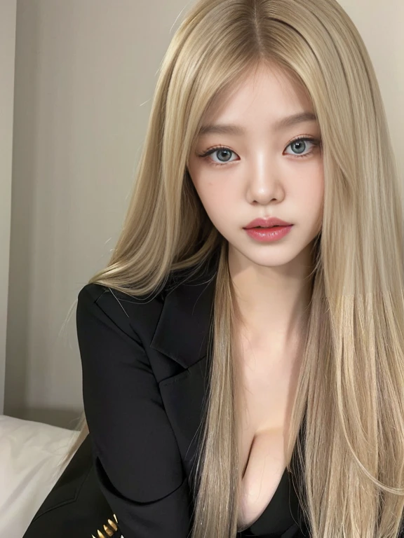 a closeup of a woman with long blonde hair wearing a black jacket, korean girl, beautiful south korean woman, gorgeous young korean woman, lalisa manobal, beautiful young korean woman, young and adorable korean face, beautiful Asian girl, pale korean adorable face, long blonde hair and big eyes, korean woman, Asian girl, long blonde hair and big eyes