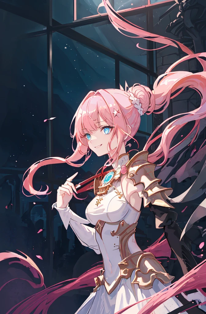 [(conversation room Background:1.4)::5],Original,(Illustration:1.1),(Best Quality),(masutepiece:1.1),(the Extremely Detailed CG Unity 8K Wallpapers:1.1), (Colorful:0.9),(mid-shot:0.95),(very detailed beautiful upper body),Dynamic Angle,(Solo:1.2), (girl),(((Adult))), (Detailed beautiful eyes:1.15), (Beautiful face:1.15), (glowing sky blue eyes:1.25////),(jewely eyes),(pink medium hair),(Blunt bangs),(half updo),(Red Star Hairpin),(+perfect hand+:1.21),(Draw an illustration of a fantasy girl),(Religious),(Wearing fantasy knight clothes),(white knight),(Contempt and contempt),Furious,(Beautiful Slender Girl),((Adult)),((furious laugh)),((evil smile)),((upper body)),((windows in her behind)),in the conversation room,