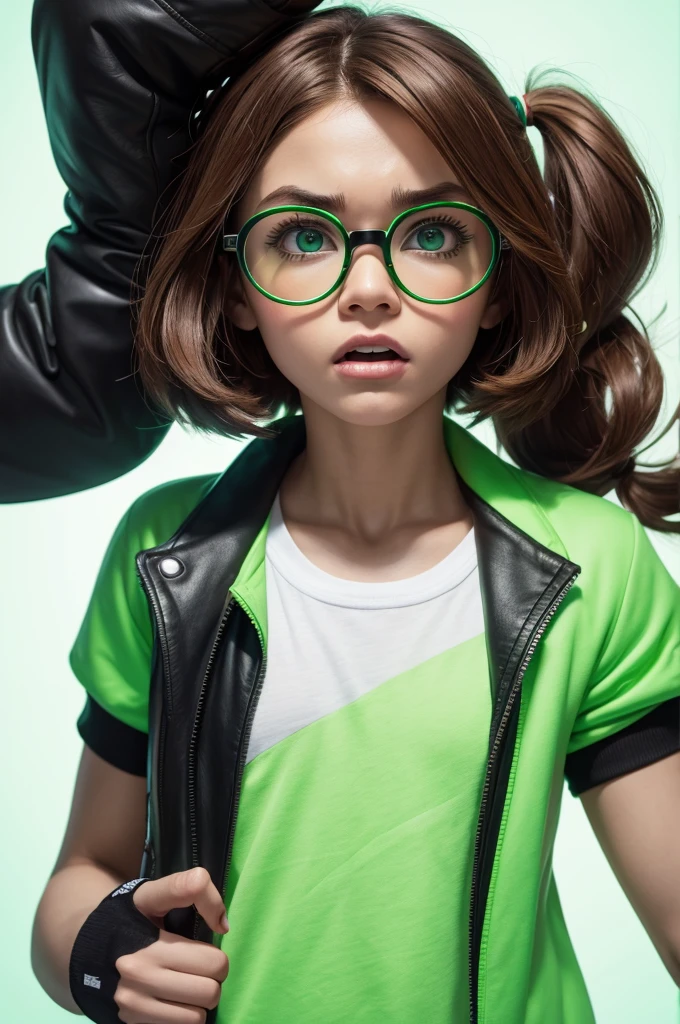 Character from Inside Out, Disney style , 3d, with brown hair , short and straight , neon green t-shirt , black futuristic jacket , white ALL star style sneakers , with an angry face , Light green skin , round glasses , White background