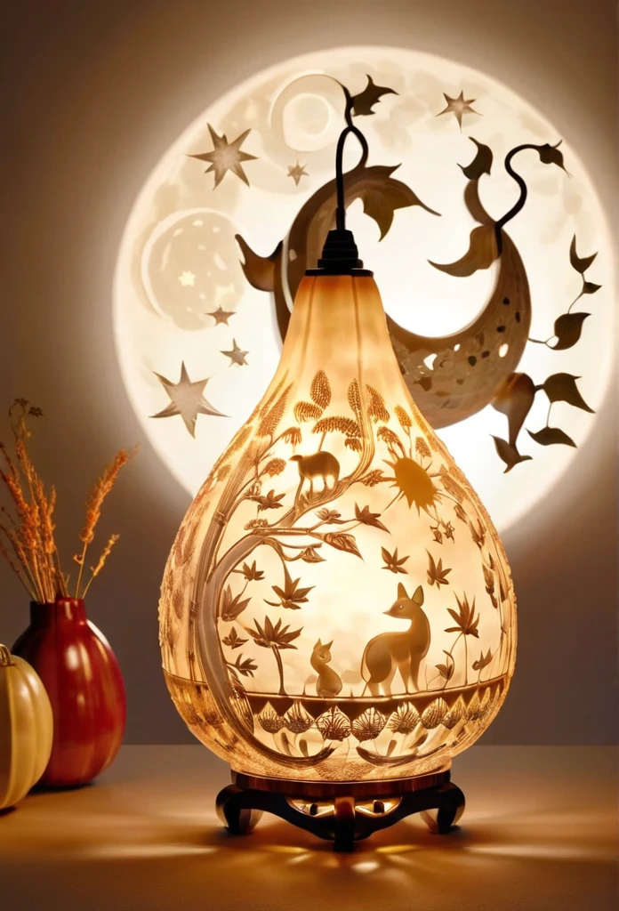 Gourd lamp. A lamp in the shape of a gourd. Delicate design. Beautiful luster. Shapes of the moon, sun, stars and animals are carved out. When lit, beautiful patterns emerge. Relaxing. Asian taste.エスニック柄。