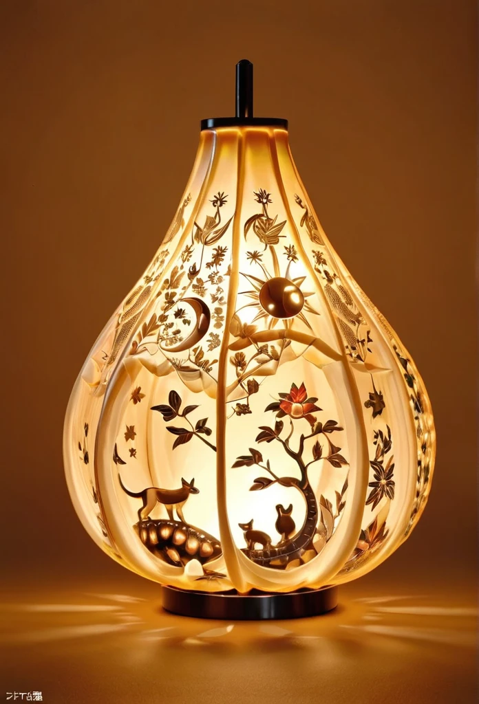 Gourd lamp. A lamp in the shape of a gourd. Delicate design. Beautiful luster. Shapes of the moon, sun, stars and animals are carved out. When lit, beautiful patterns emerge. Relaxing. Asian taste.エスニック柄。