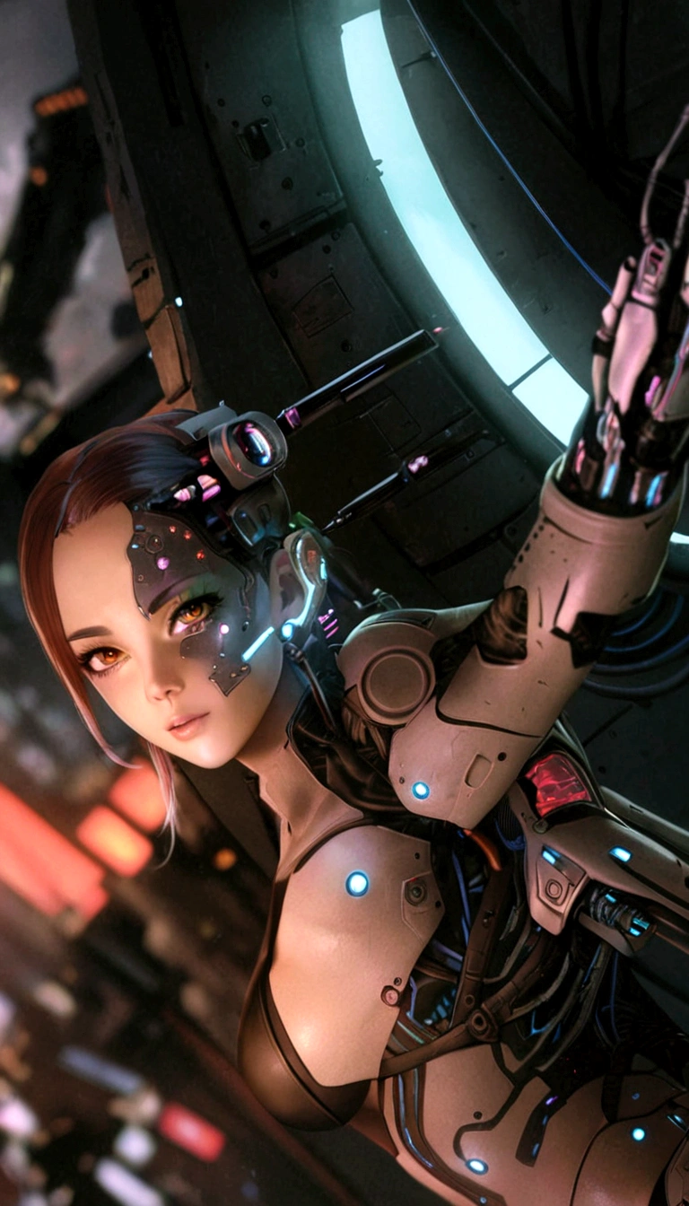 There is a woman with a gun in a futuristic setting., Hyperrealistic cyberpunk style, chica cyborg, Cyborg - girl, Beautiful digital artwork, Ultra-realistic 8K cyberpunk art, digital cyberpunk - anime art, beautiful cyborg girl, porcelain cyborg, rossdraws digital painting, cyberpunk anime digital art, Realistic 8k digital art., anime ciberpunk, perfect anime cyborg woman