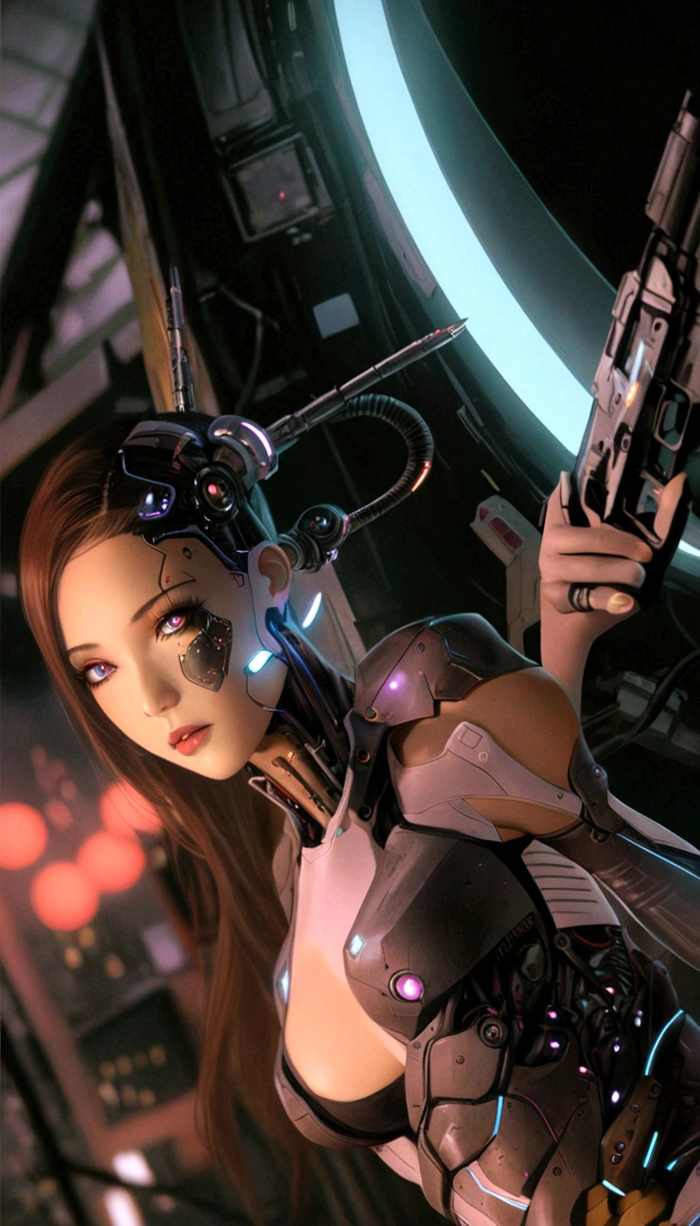 There is a woman with a gun in a futuristic setting., Hyperrealistic cyberpunk style, chica cyborg, Cyborg - girl, Beautiful digital artwork, Ultra-realistic 8K cyberpunk art, digital cyberpunk - anime art, beautiful cyborg girl, porcelain cyborg, rossdraws digital painting, cyberpunk anime digital art, Realistic 8k digital art., anime ciberpunk, perfect anime cyborg woman