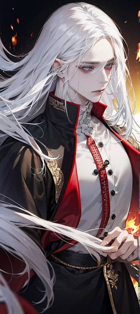 Man with long white hair and fiery eyes 🔥