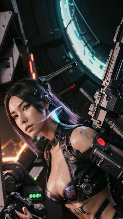 There is a woman with a gun in a futuristic setting., Hyperrealistic cyberpunk style, chica cyborg, Cyborg - girl, Beautiful digital artwork, Ultra-realistic 8K cyberpunk art, digital cyberpunk - anime art, beautiful cyborg girl, porcelain cyborg, rossdraws digital painting, cyberpunk anime digital art, Realistic 8k digital art., anime ciberpunk, perfect anime cyborg woman