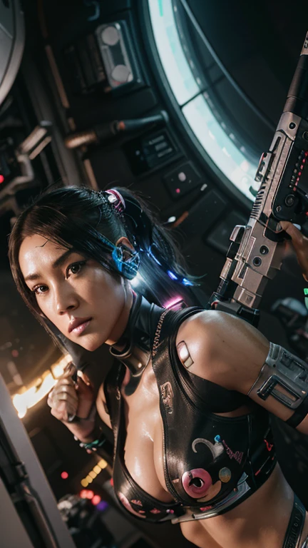 There is a woman with a gun in a futuristic setting., Hyperrealistic cyberpunk style, chica cyborg, Cyborg - girl, Beautiful digital artwork, Ultra-realistic 8K cyberpunk art, digital cyberpunk - anime art, beautiful cyborg girl, porcelain cyborg, rossdraws digital painting, cyberpunk anime digital art, Realistic 8k digital art., anime ciberpunk, perfect anime cyborg woman