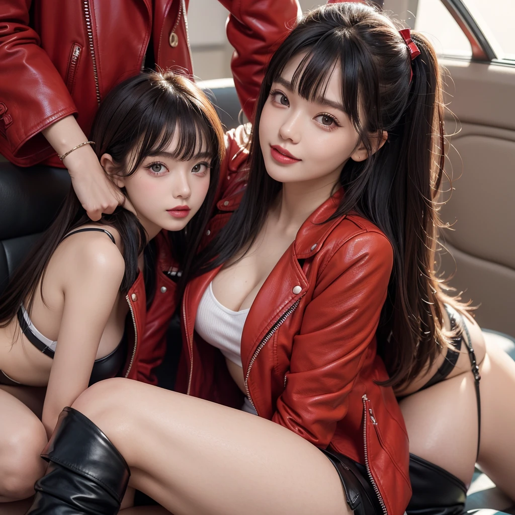 bangs down，beautiful girl，Red Leather Jacket，Maid clotheasterpiece，perfect face，perfect breasts，long hair，Outstanding style，stimulating，Cute outfits，Horny girl，double eyelid，Naughty Girls，Erotic and cute，mini skirt，ribbon on uniform，colorful hair color，yellow eyes，leather jacket，horny girl，Knee-high boots， Colorful，multicoloured，future fashion，smile，，zipper bra，Multicolored clothing