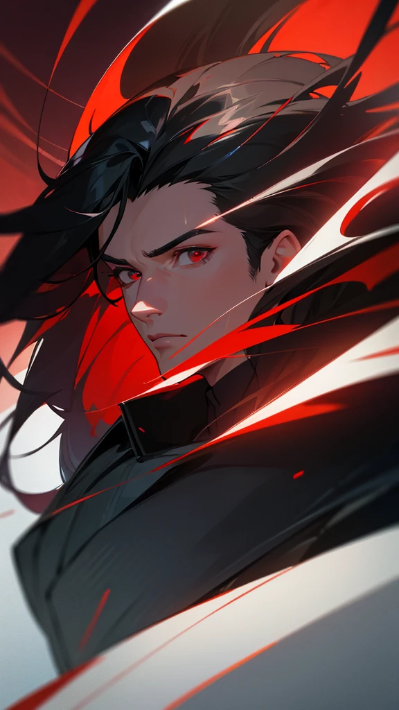 a handsome young man with long dark hair, wearing futuristic red and black clothing, detailed facial features, dramatic lighting, cinematic composition, highly detailed, 8k, photorealistic, masterpiece
