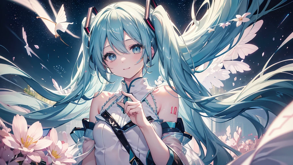 (Starry Sky), ((Beautiful eyes)), (((Hatsune Miku,The best smile))), (((Highest quality、masterpiece、Ultra-fine、Ultra-fine、Exquisite、16K、Full HD,))) 、Dark Eyes、Long eyelashes、White skin、(Pale pink lips、Pale pink cheeks、thin and long)、 ((cute)) ((One person)) 、Wide Shot、(A magnificent composition、epic proportion)、Dynamic lighting、、Zoom out